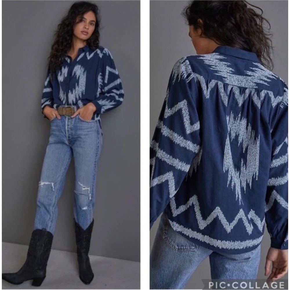 Anthropologie Pilcro Romy Relaxed Button Down Shirt Blue Aztec Boho - Small $98